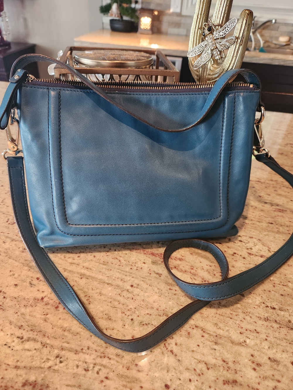 kate spade Teal Blue Leather Crossbody with Hand-Painted Floral & Bird - Picture 3 of 6